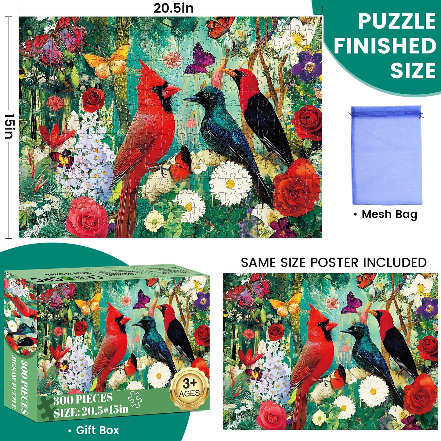 Puzzles 300 Pieces for mature-themeds  300 Piece Bird Garden mature-themed Puzzles Jigsaw Puzzle  Recycled Cardboard Puzzle Game  Family Activity Night  Great Gift Toy for Family  Friends  Kids  20.5 * 15 Inch