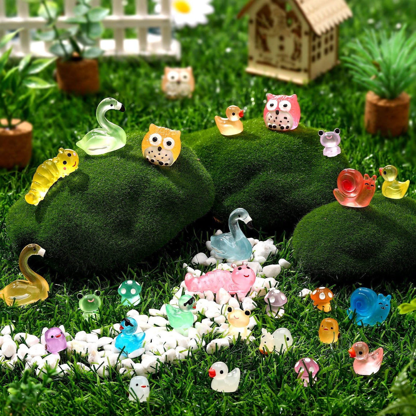 Seenelling 240 Pcs Mini Resin Animals Miniature Luminous Animals Ducks Mushrooms Owls Flamingos Tiny Glow in The Dark Figures fo