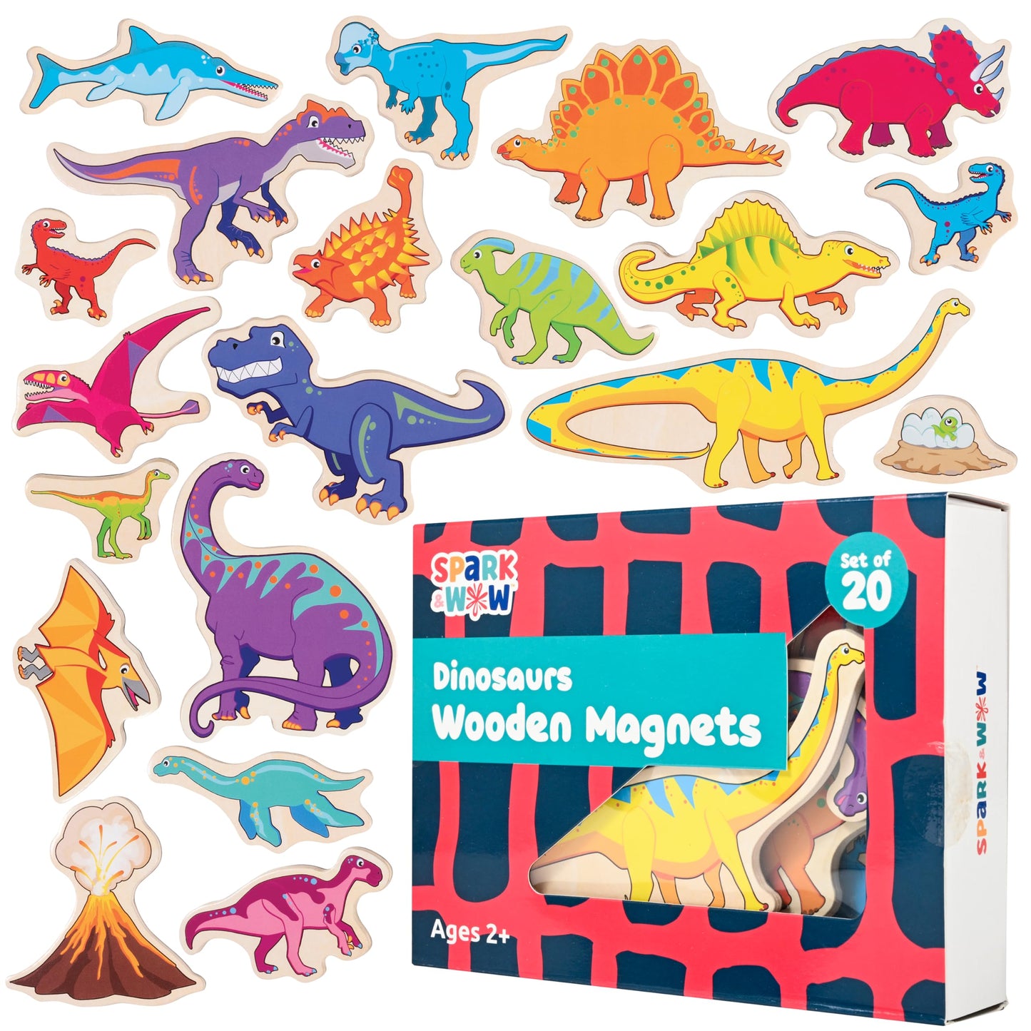 Spark & Wow Wooden Magnets - Dinosaurs - Set Of 20 - Magnets For Kids Ages 2+ - Cute Dinosaur Magnets For Fridges, Whiteboards And More