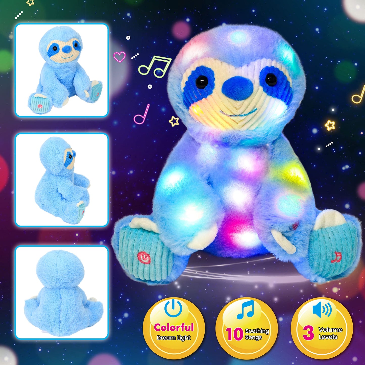 Cuteoy Blue Sloth Led Musical Stuffed Animal Light-Up Singing Plush Adjustable Volume Lullaby Plushies Birthday Christmas Toy Gifts For Kids Toddler Girls, 13'