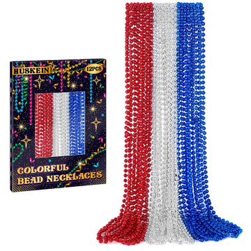 Huskein 12 Pcs 4Th Of July Beads Necklaces, 33'' Red Silver Blue Beaded Necklaces Bulk, Patriotic Round Beads, Independence Day