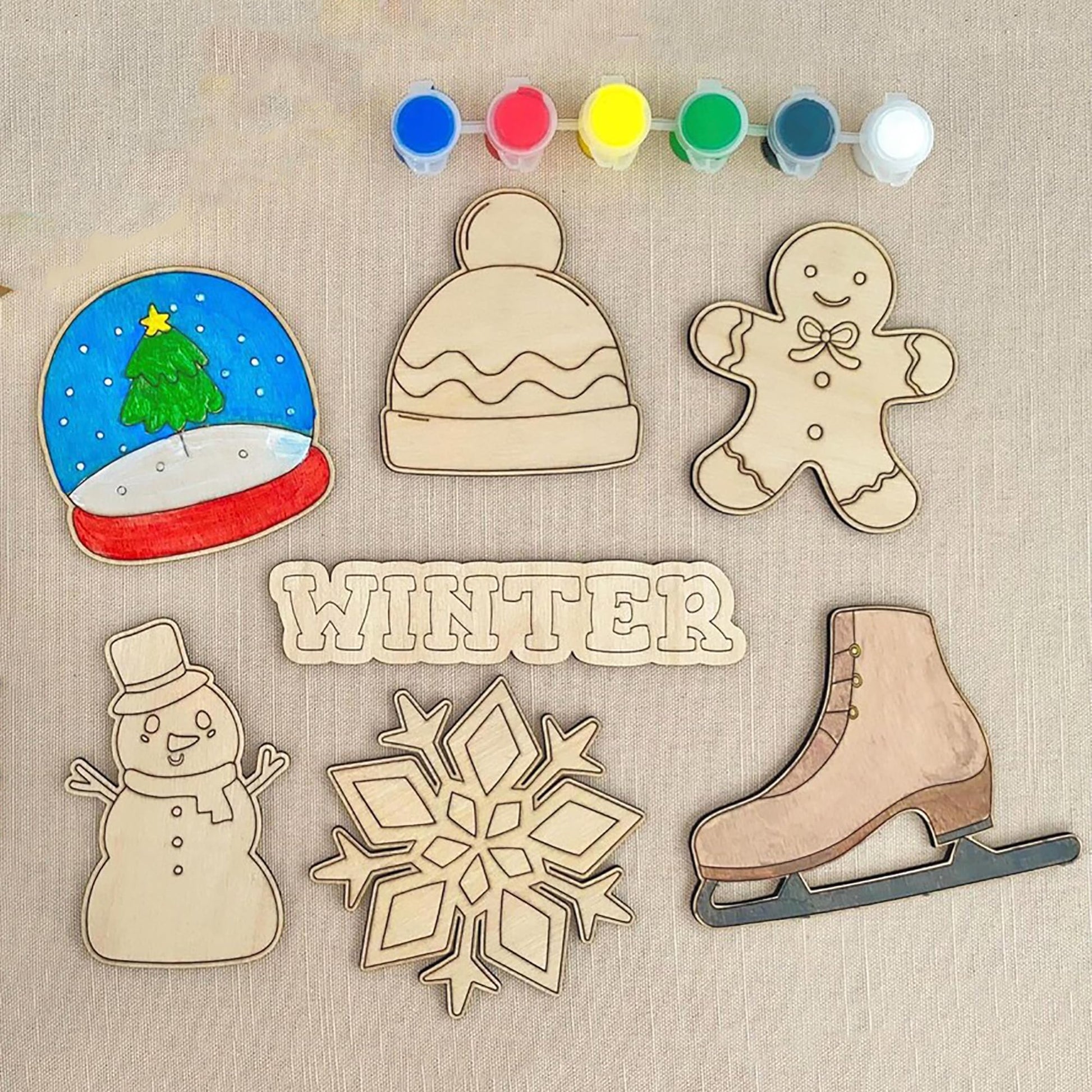 Cliths 7 Pcs Wooden Winter Painting Kit For Kids & Toddlers EcoFriendly Holiday Craft Activity With 6 Festive Shapes (Snowman, 