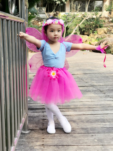 Fedio 4Pcs Girls Princess Fairy Costume Set With Wings, Tutu, Wand And Floral Wreath Veil For Children Ages 3-6 (Hot Pink)
