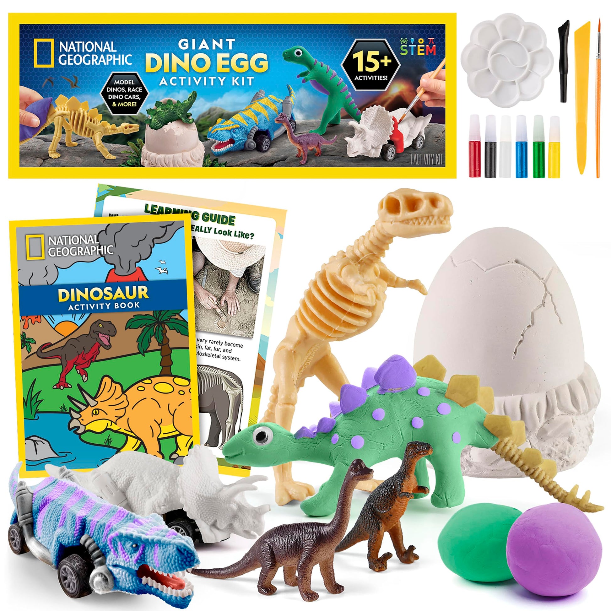 National Geographic Giant Dinosaur Egg Activity Kit - 15+ Dino Crafts, Painting Cars, Clay Models, Dig Brick, Stickers & Learnin