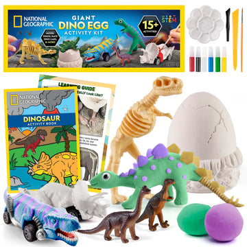 National Geographic Giant Dinosaur Egg Activity Kit - 15+ Dino Crafts, Painting Cars, Clay Models, Dig Brick, Stickers & Learnin