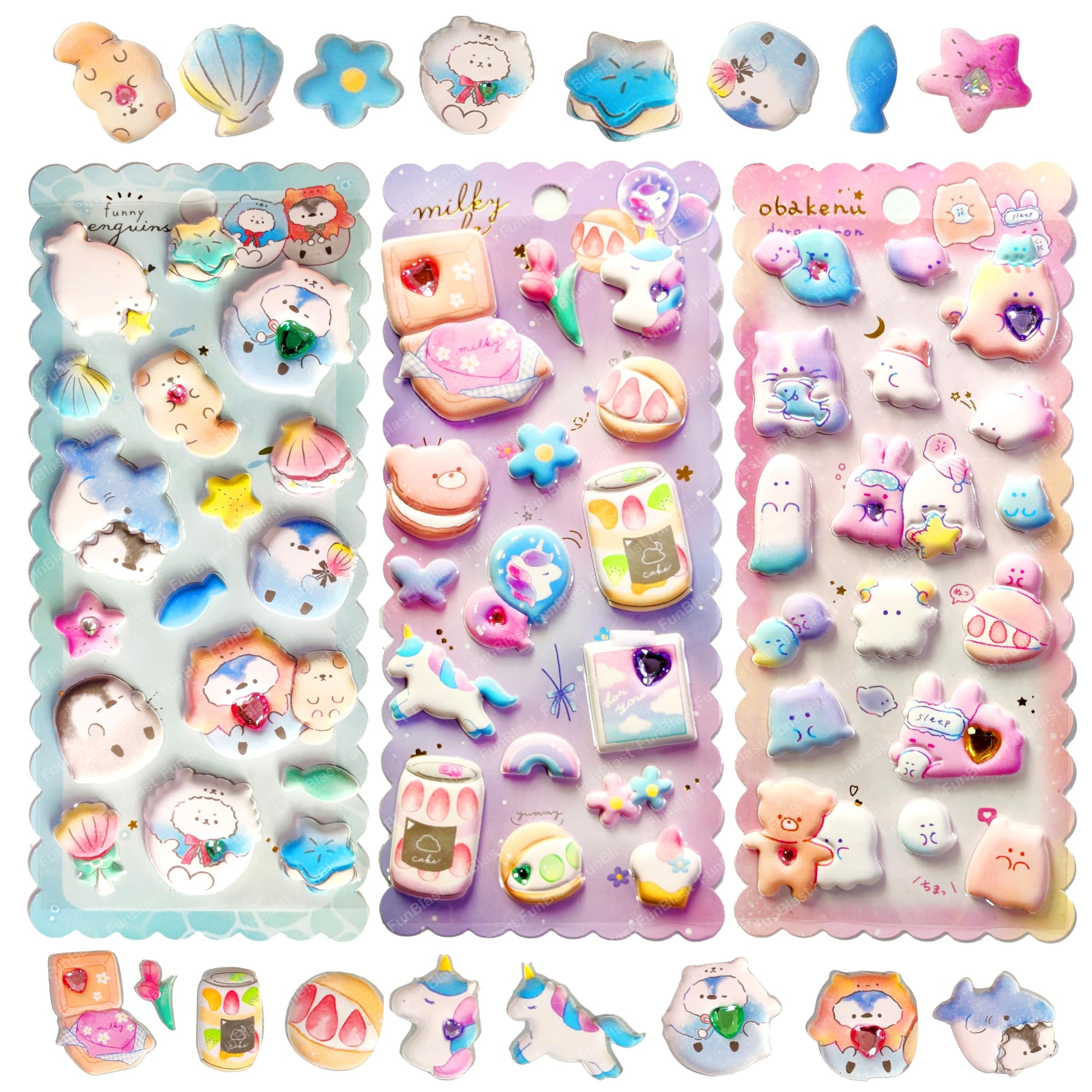 Funblast Kawaii Stickers Set  3 Sheets, 50 Pcs Puffy Stickers For Kids, 3D Cute Sticker, Foam StickerS For Kids, Craft Sticker