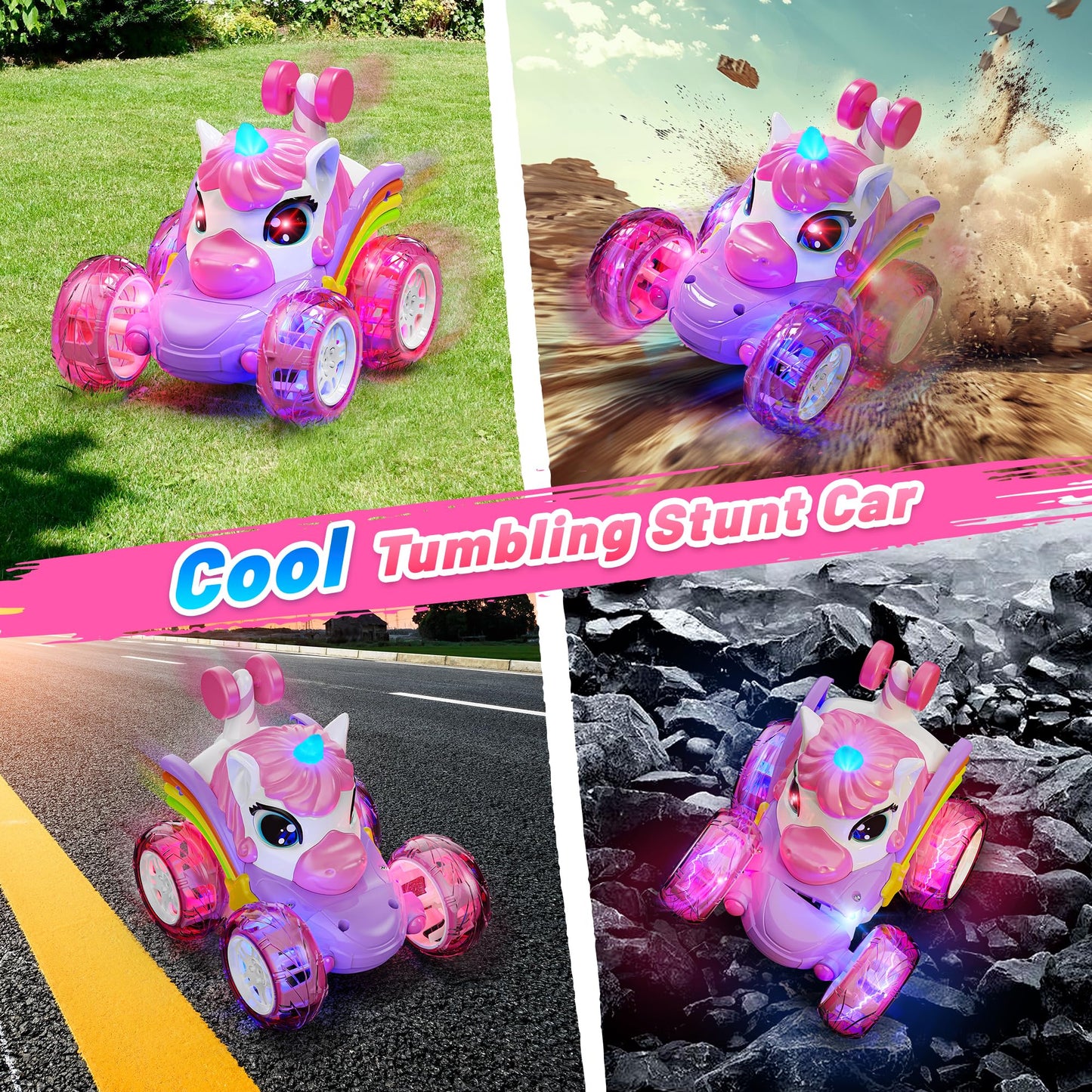 Carsky Remote Control Car RC Stunt Cars for Girl 360Stunt Rotation 4WD Remote Cars for Kids 3-6 Double Sided RC Car with LED Lig