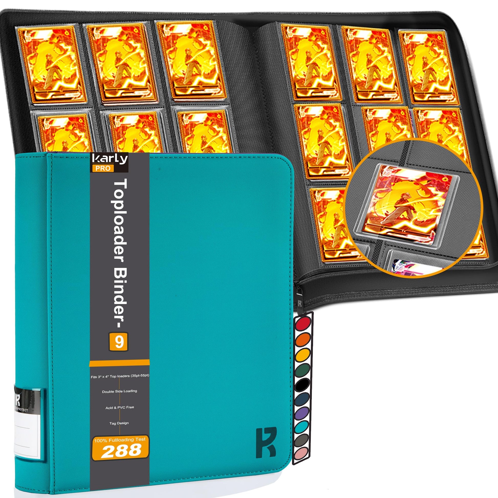 3 x 4 loader Binder  Hold 288 Top 25-55PT Loaders Storage 9-Pocket enhanced Zip Hard Plastic Album Collection Binder for Sports or Other Trading Cards in 3 x 4 Sleeves-(Teal)