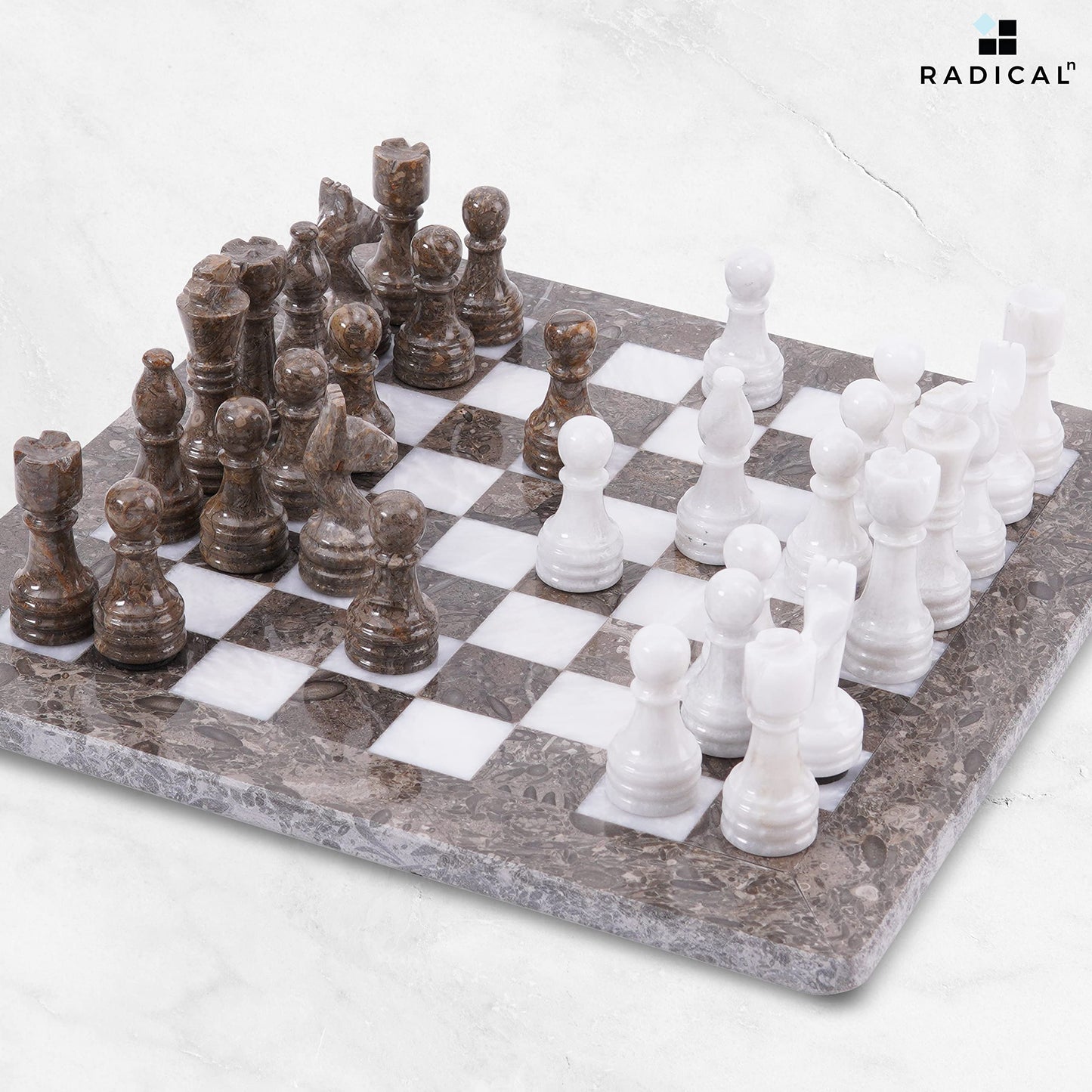 Radicaln Marble Chess Set 12 Inches Grey Oceanic And White Handmade Chess Sets For Adults - Travel Board Game For 2 Player Games