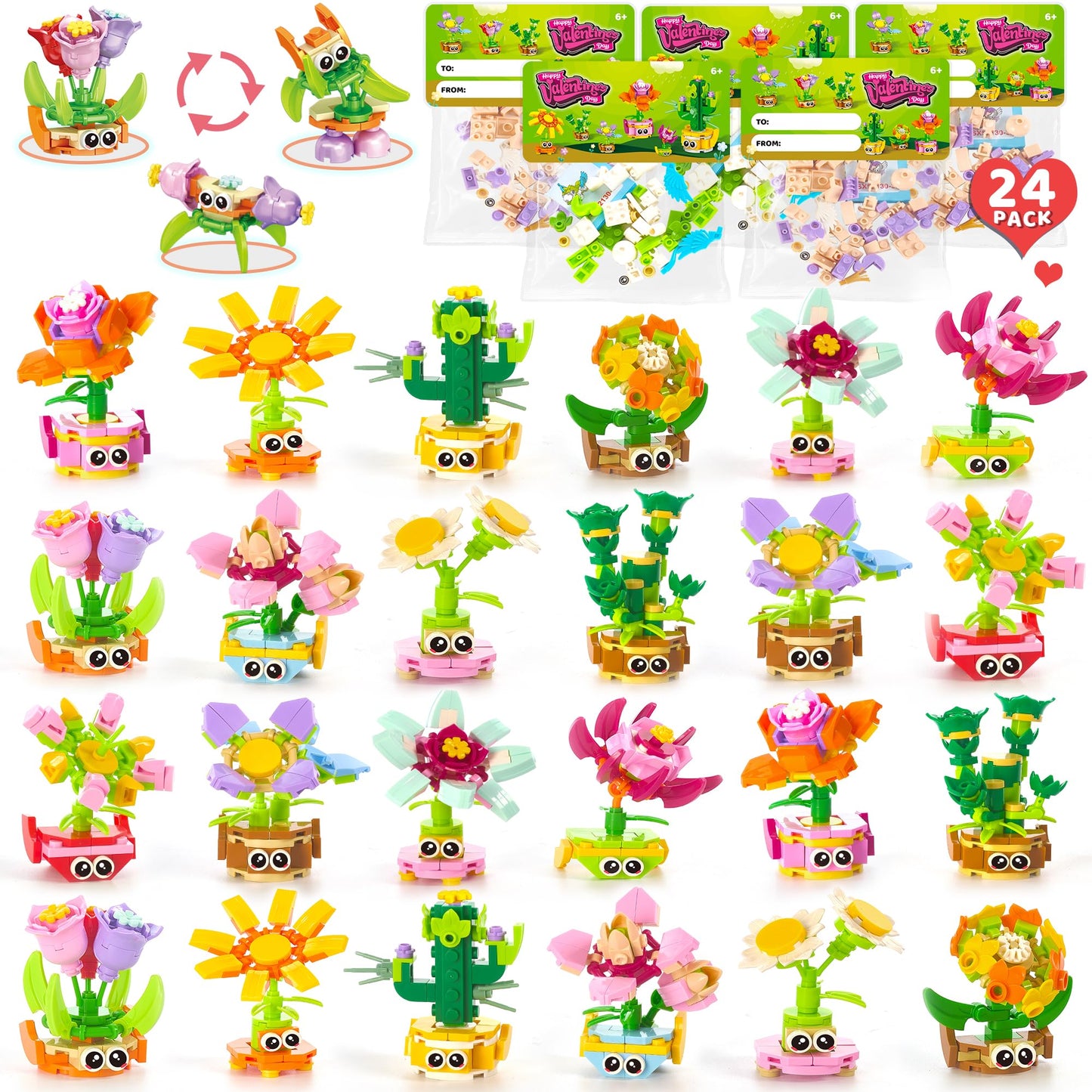 24 Pack Valentines Day Gifts with Cards for Kids Party Favors - 3-in-1 STEM Flower & Plant Building Sets (72 Models), Classroom