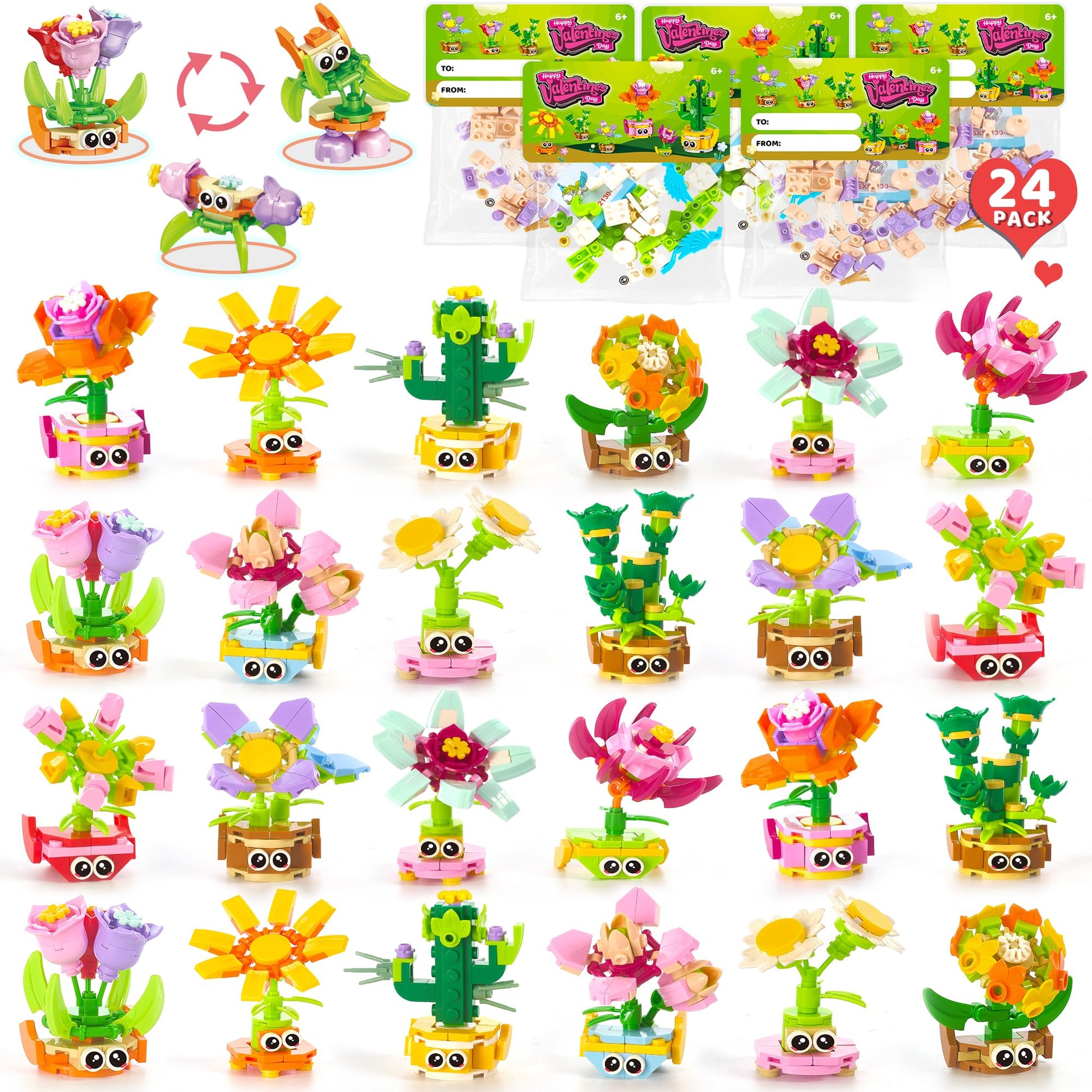 24 Pack Valentines Day Gifts with Cards for Kids Party Favors - 3-in-1 STEM Flower & Plant Building Sets (72 Models), Classroom