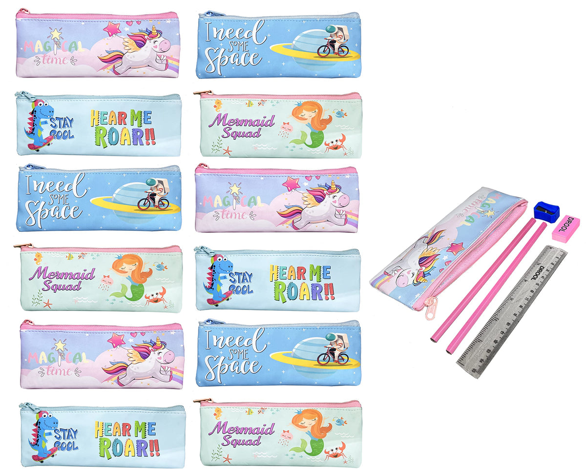 Jiada Set Of 12 Pouch Stationery Pack  Each Pack Includes Fancy Pouch, Pencils, Ruler, Eraser And Sharpener. Best Return Gift F