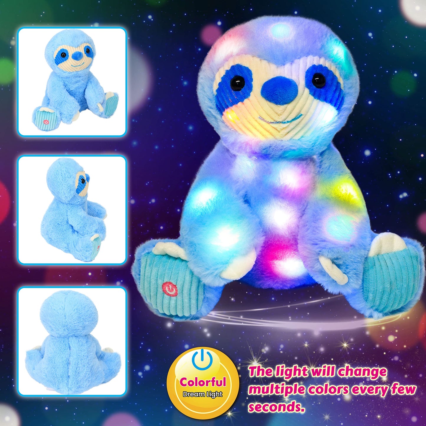 Cuteoy Blue Sloth Led Stuffed Animal Light-Up Plush Birthday Christmas Plushies Toy Gifts For Kids Toddler Girls, 10.5'