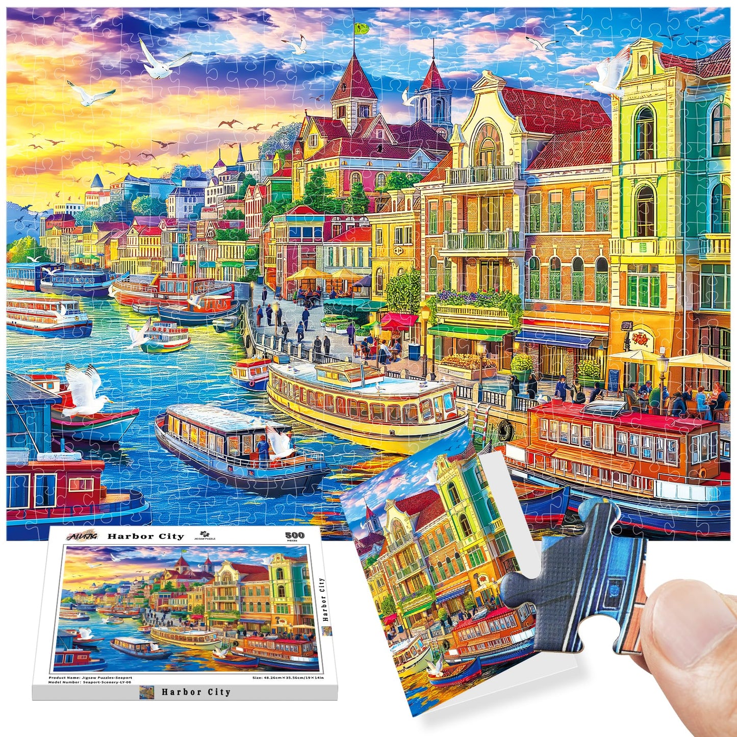 ALL4JIG Harbor City Fun Jigsaw Puzzles for Adults and Kids, 500 Pieces, 19 x 14, Christmas Secret Santa Gift, White Elephant Gif