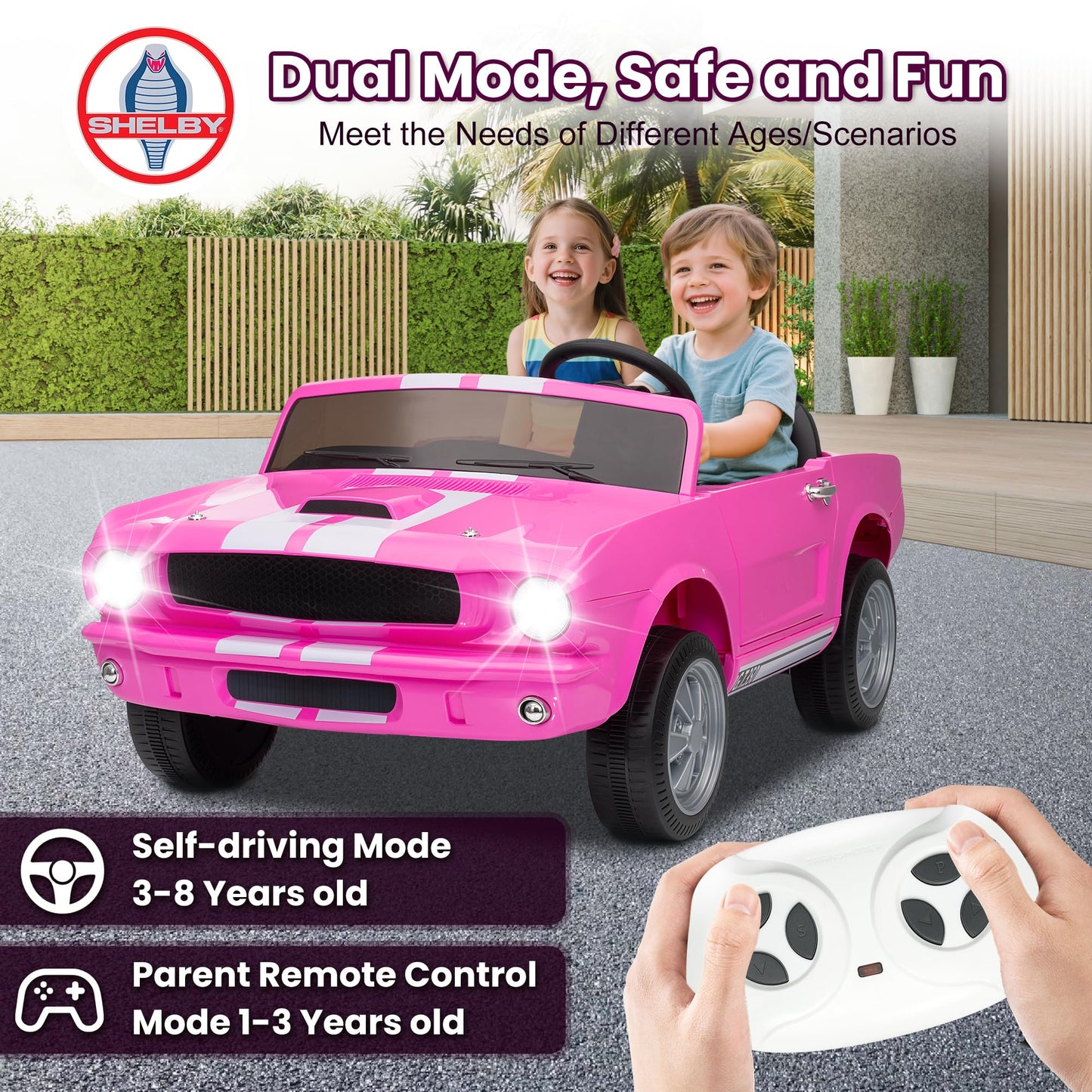 Wanan 24V Licensed Shelby Electric Car for Kids, Ride On Toy with Remote Control, Bluetooth Music, Adjustable 3 Speed, Multiple