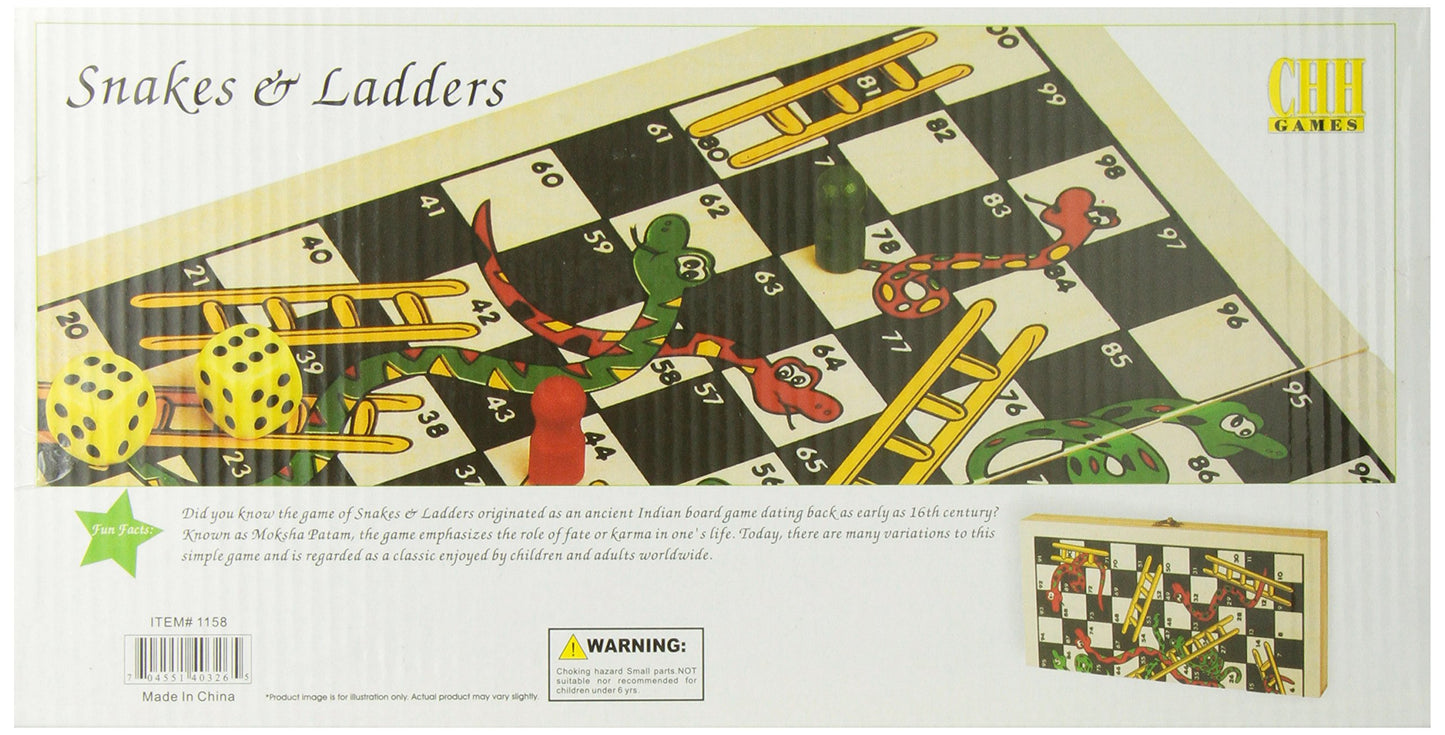 CHH Games Folding Wooden Snakes and Ladders Game - Brown, Model CHH1158, Classic Family Fun