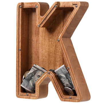 Piggy Bank for Kids Boys Girls, Wooden Large Letter Piggy Bank Alphabet Money Bank with Initial K, Coin Bank Fun Gifts for Birth