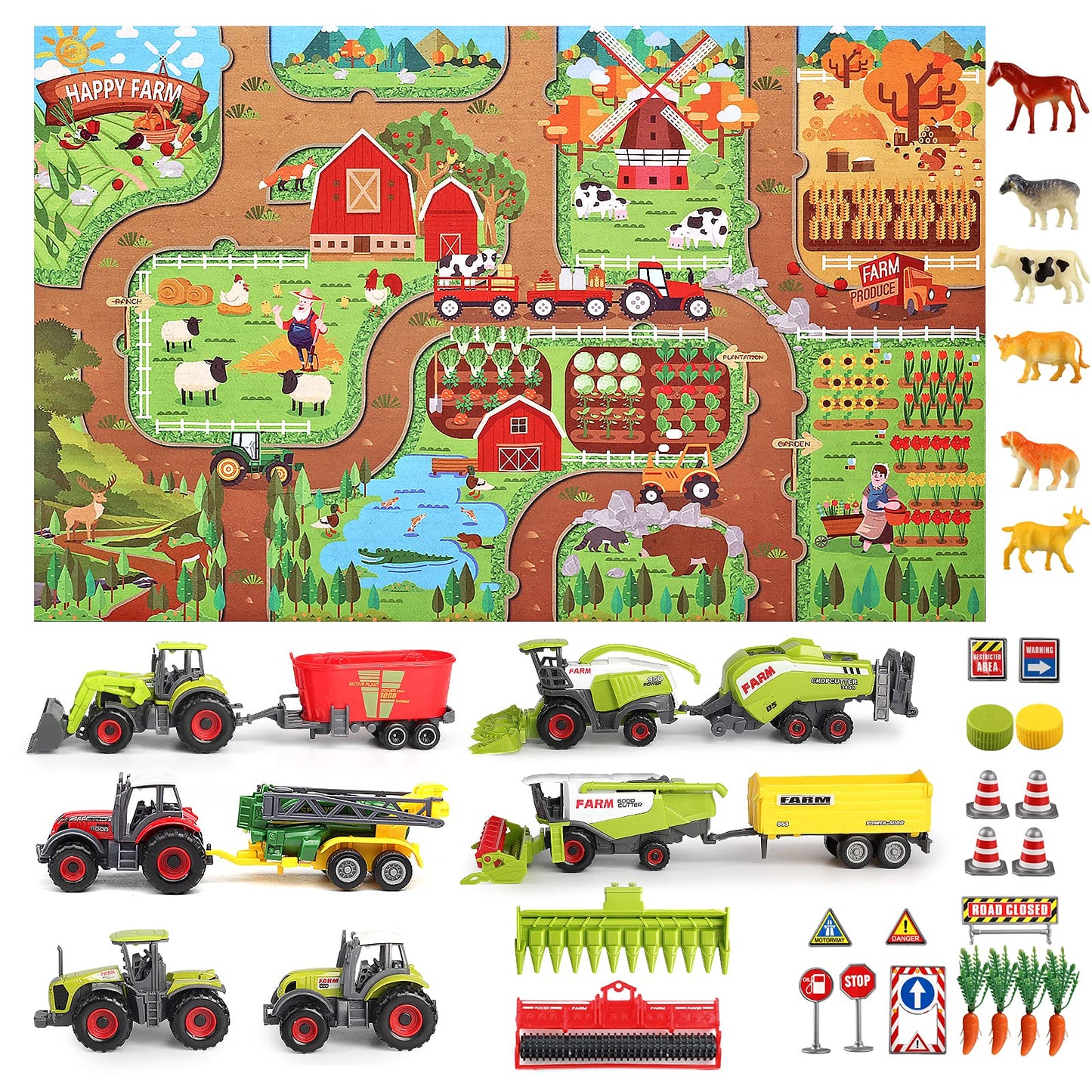 Oriate Farm Tractor Toys Vehicle With Farm Animals & Activity Play Mat, 38Pcs Educational Realistic Kid'S Diy Farm Diecast Set, Kids Tractors Trailer Sprayer Cow Animal Toy Birthday Gift