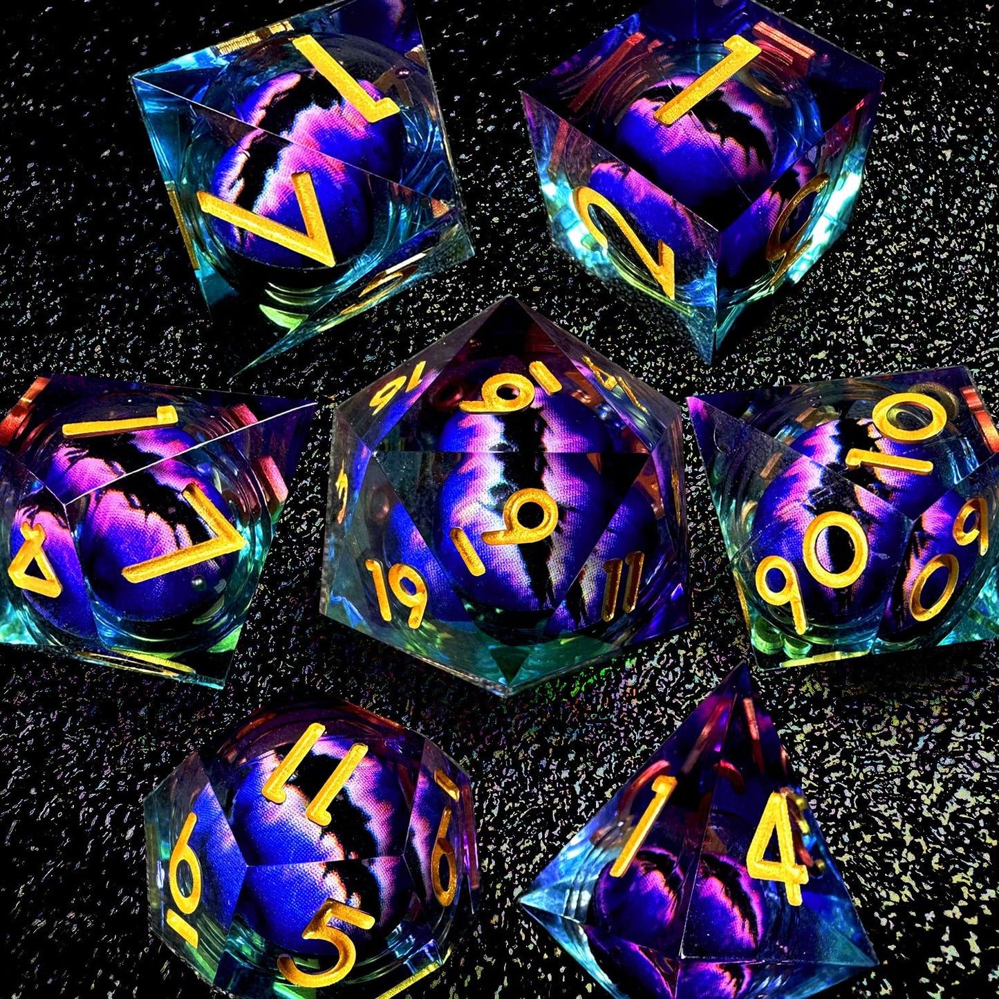 Haomeja Dnd Resin Dice Set - Beholder'S Dragon Eye Dice, Liquid Core, Sharp Edges, 7 Pcs (Eye Purple Blue)