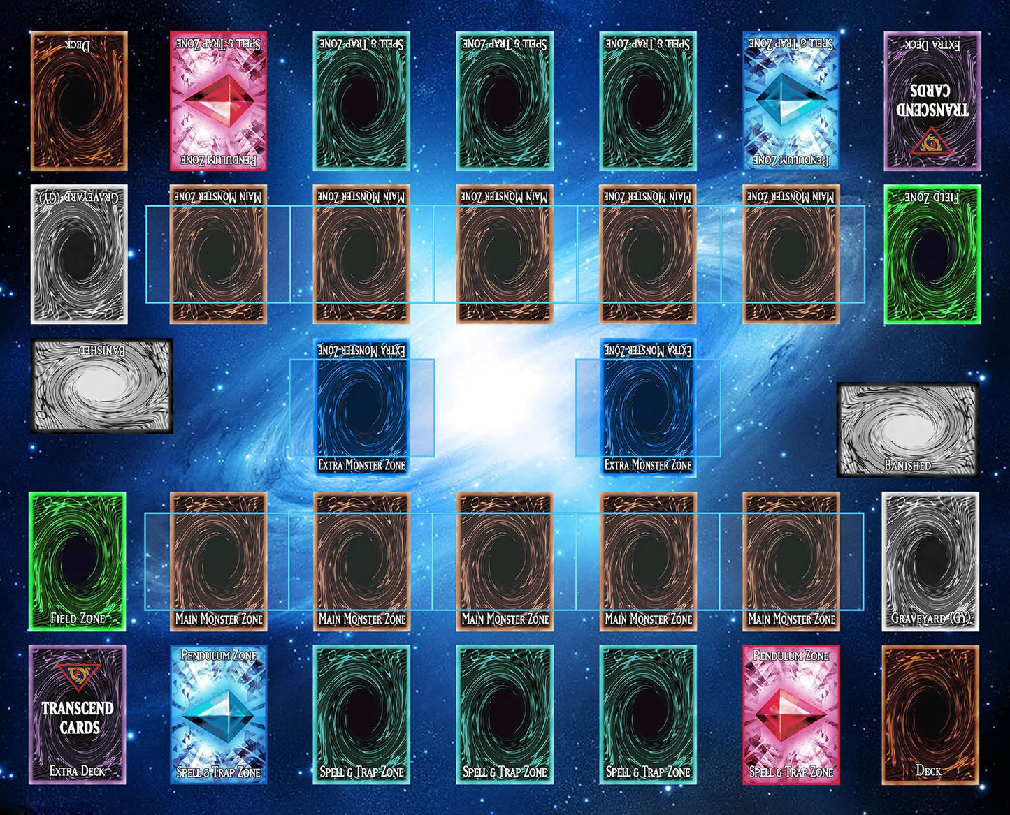 Transcend Cards 2 Player Duel Link Zones Custom Playmat - Rubber Game Mat 53 Cm X 63 Cm (Blue Galaxy Style) Compatible With Yugi