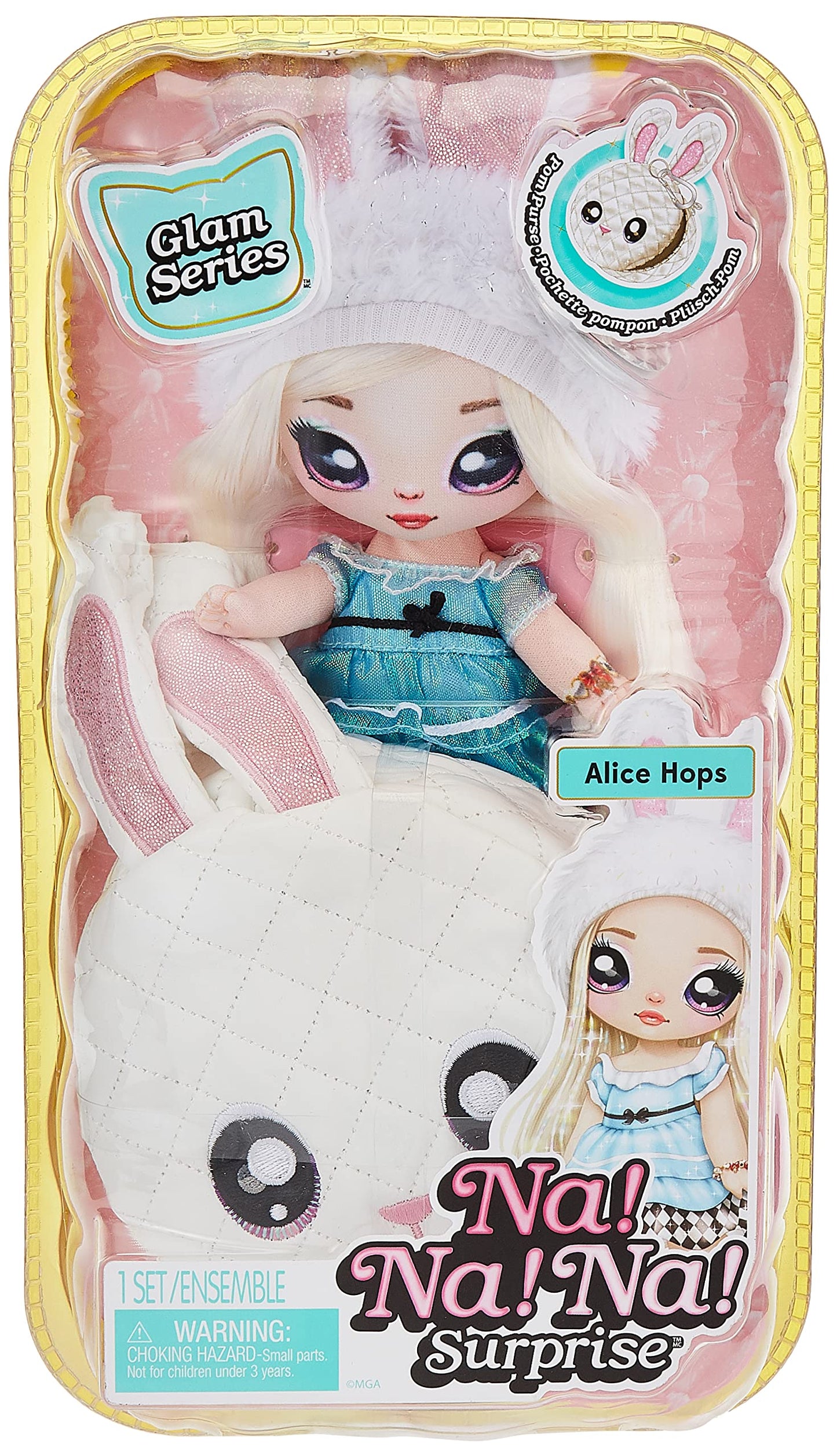 Na! Na! Na! Surprise Glam Series Alice Hops Fashion Doll And Metallic Rabbit Purse, Blonde Hair, Shiny Blue Dress, Bunny Ears Hat & Accessories, 2-In-1 Kids Gift, Toy For Girls Ages 5 6 7 8+ Years