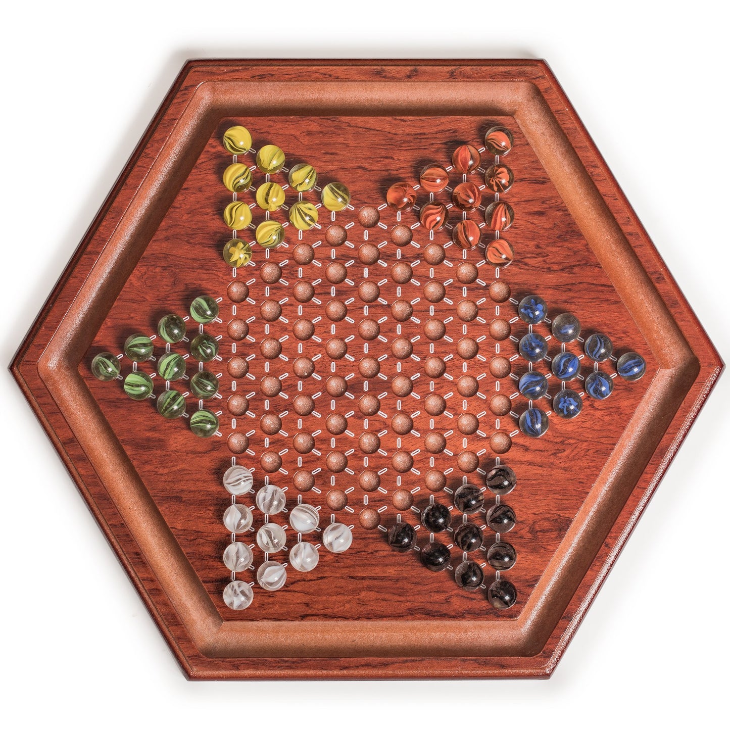 Yellow Mountain Imports Wooden Chinese Checkers Halma Board Game Set - 13.6-Inch - with 60 Colored Petal-Style Glass Marbles (16