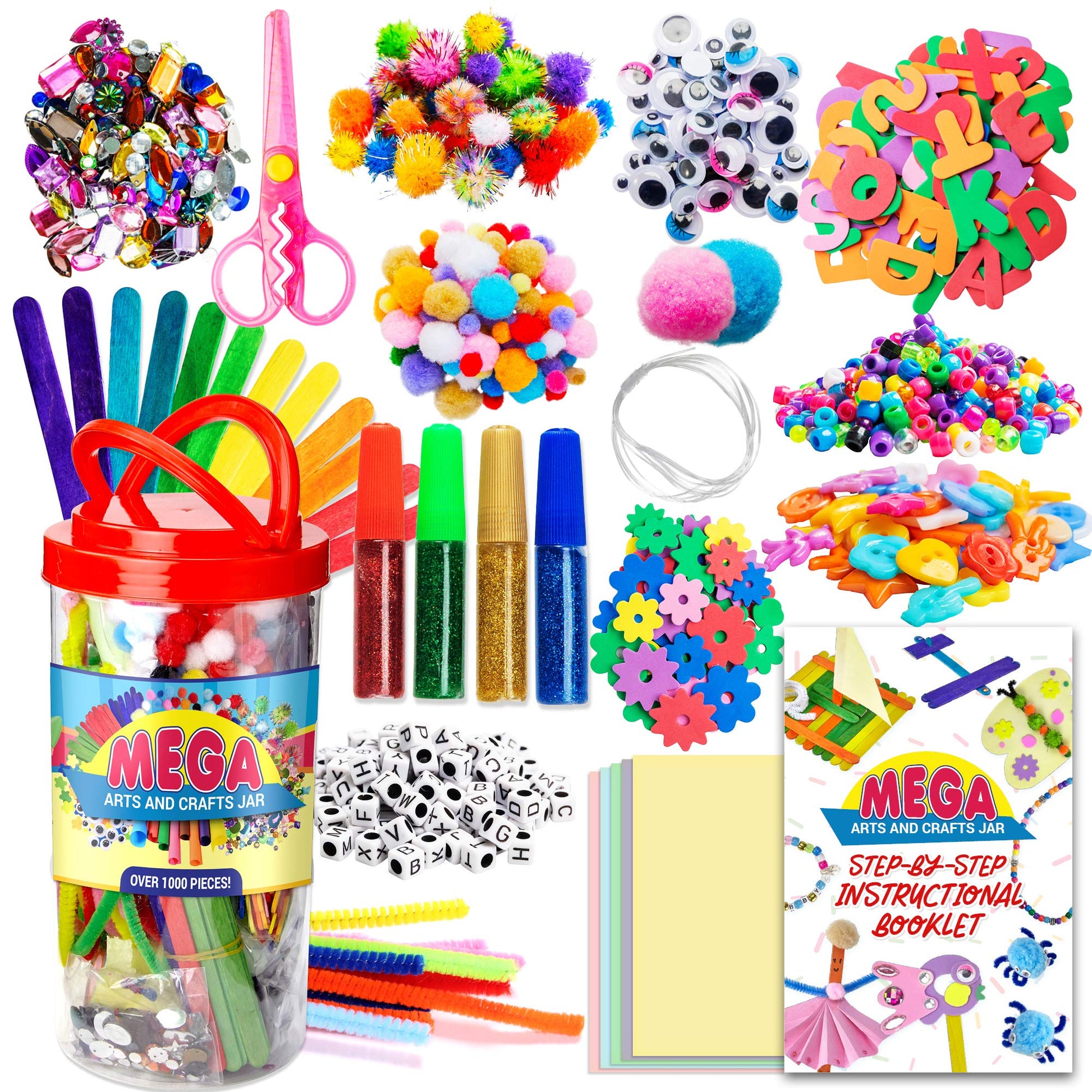 Dragon Too Mega Kids Crafts and Art Supplies Jar Kit - 1000+ Piece Set - Instructional Booklet Included - Revised Glitter Glue, 