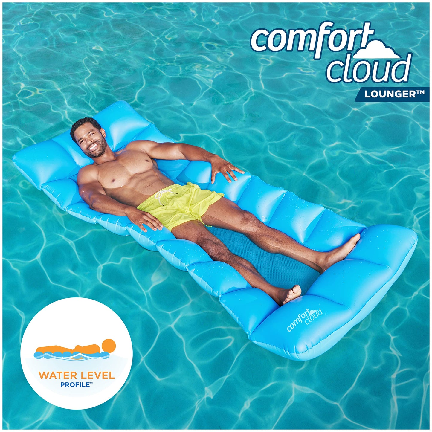 Swimways Comfort Cloud Pool Lounger With Fast Inflation & Headrest Pillow, Oversized Inflatable Pool Floats For Adults, Blue