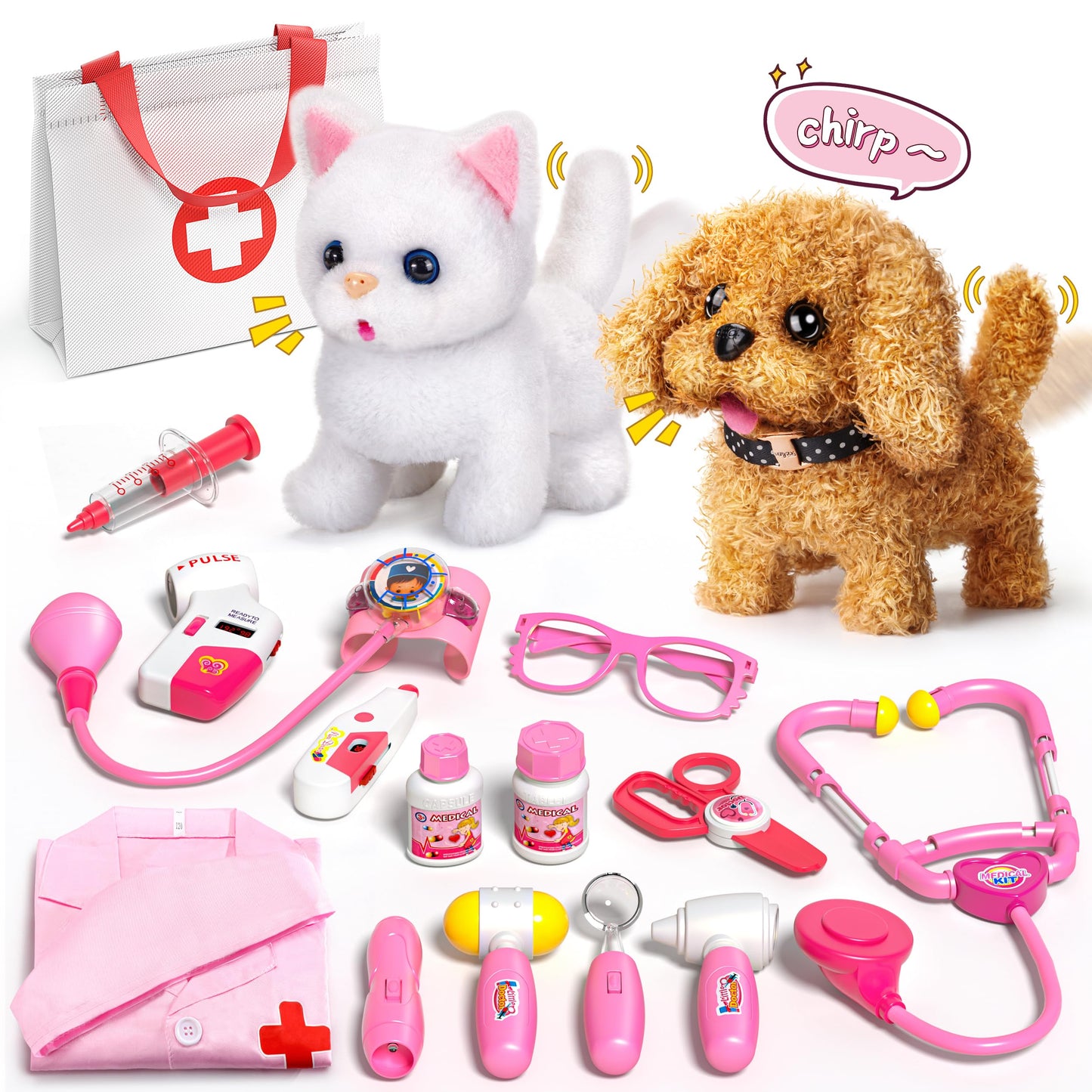 2 Plush Pets Cat & Dog, 36-Piece Vet Doctor Kit for Kids - Toddler Veterinarian Playset with Costume, Doctor and Dental Tools - 