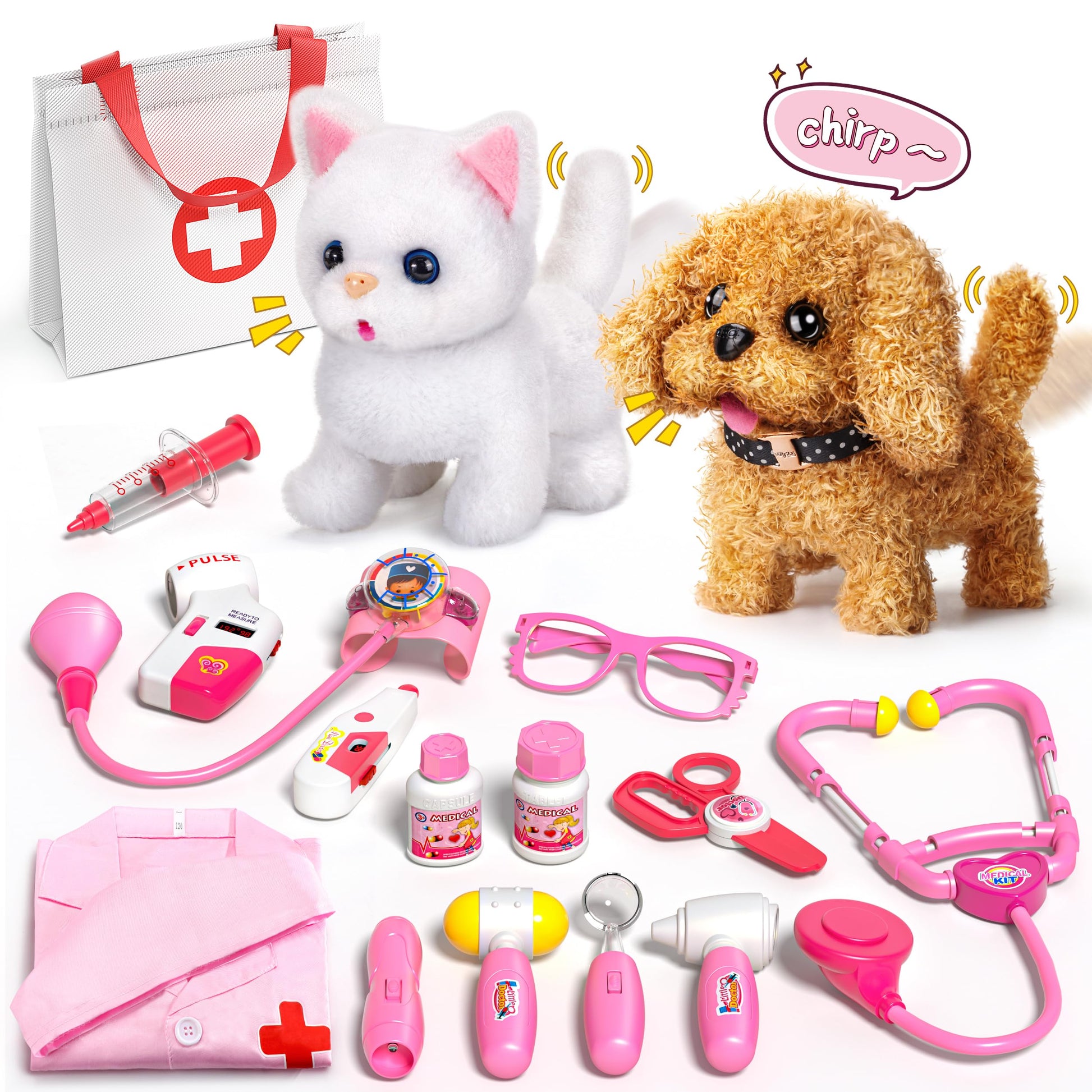 2 Plush Pets Cat & Dog, 36-Piece Vet Doctor Kit for Kids - Toddler Veterinarian Playset with Costume, Doctor and Dental Tools - 
