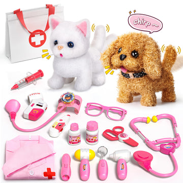 2 Plush Pets Cat & Dog, 36-Piece Vet Doctor Kit for Kids - Toddler Veterinarian Playset with Costume, Doctor and Dental Tools - 