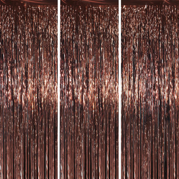 Voircoloria 3 Pack 3.3 x 6.6 ft Brown Foil Fringe Backdrop Curtains, Tinsel Streamers Party Decorations, Fringe Backdrop for Bir
