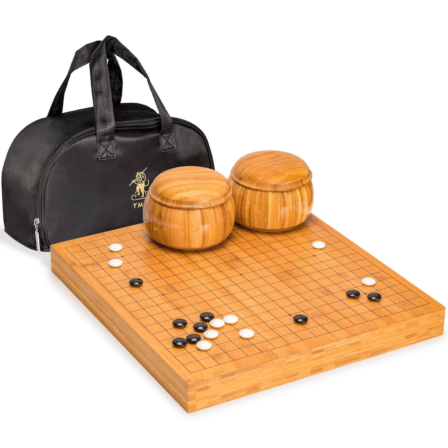 Yellow Mountain Imports Bamboo Go Game Set - 2-Inch Reversible Board, Double Convex Melamine Stones, Brown, Model YN-TB002-C_FX-SB001-A