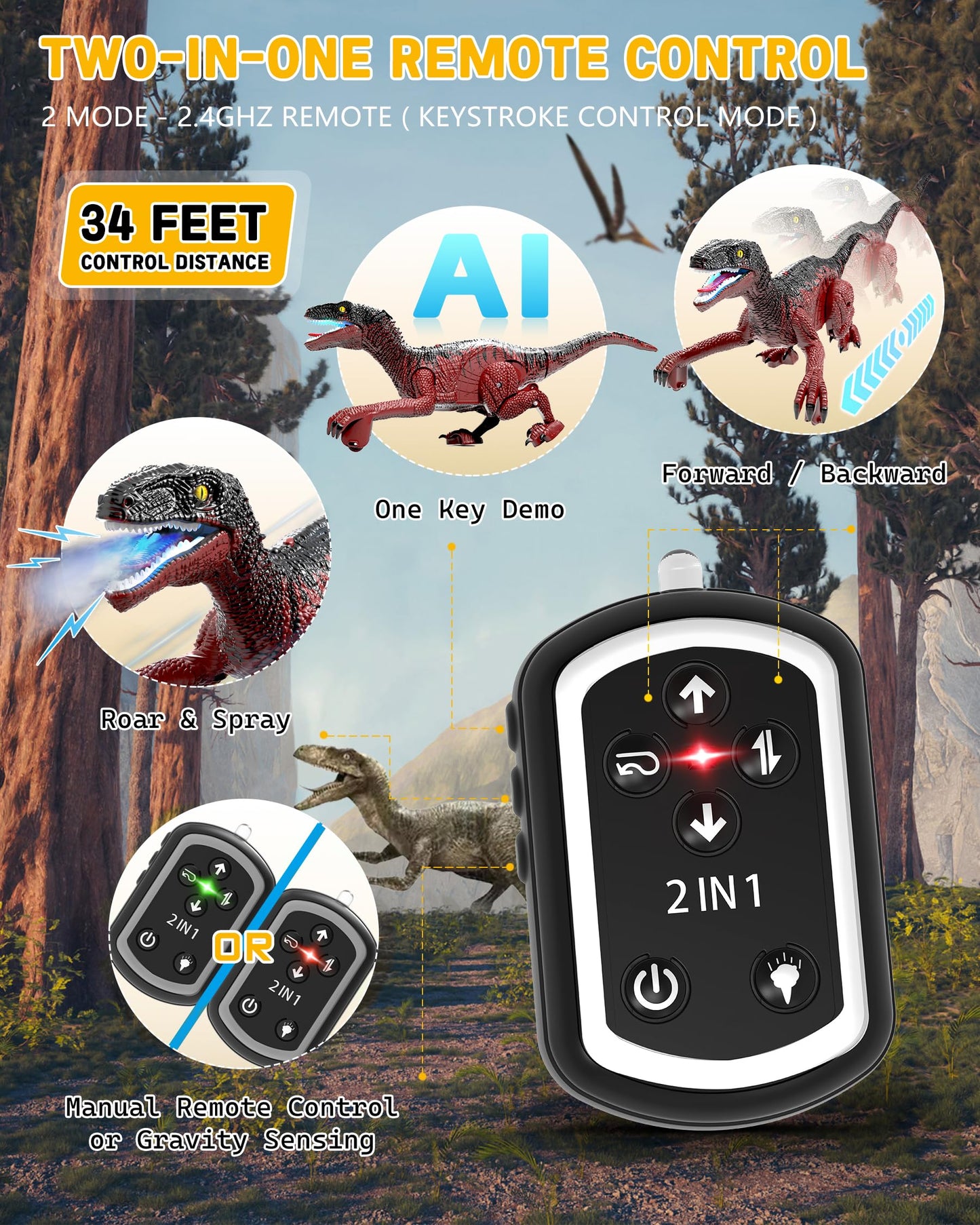 Eulogia Dinosaur Toy, Rc Dinosaur Car With 2-In-1 Remote, Gesture-Sensing Forward Backward Dino, Features Spray & Sounds & Light