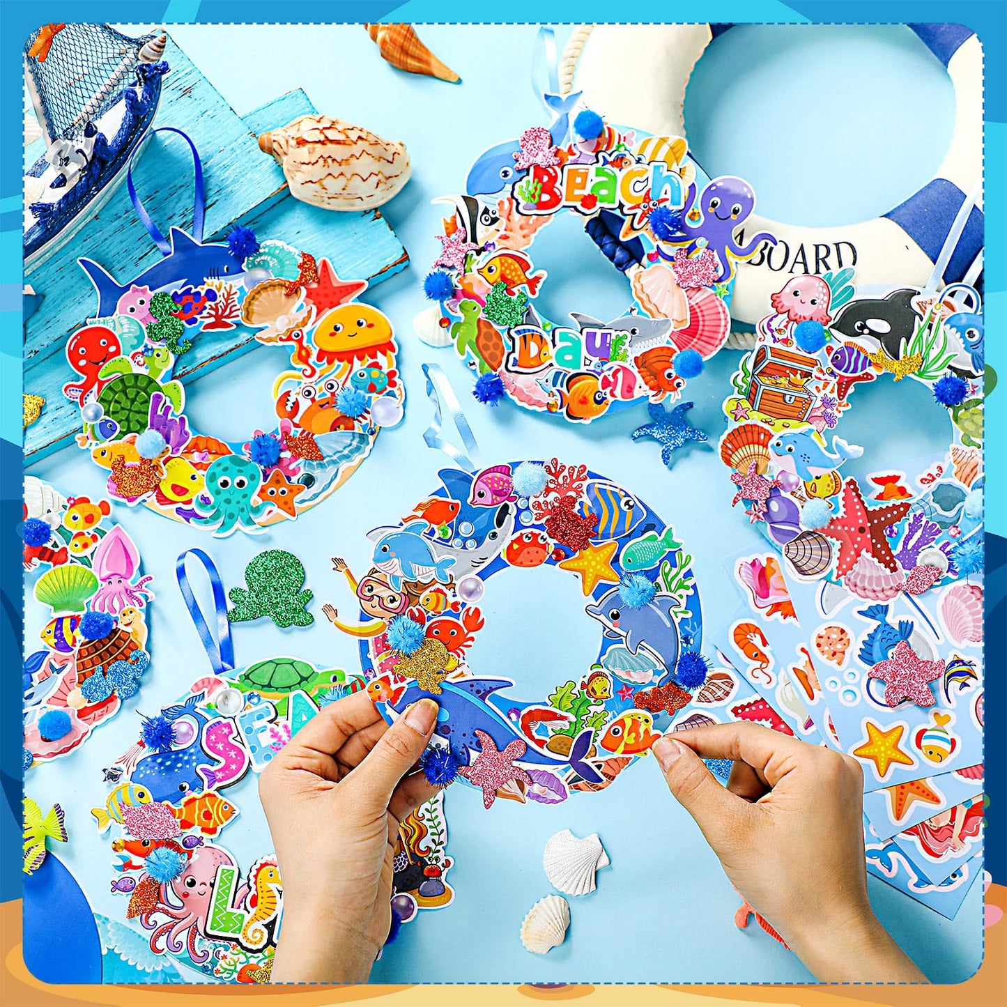 Hollowfly 48 Sets Summer Ocean Wreath Craft Kits Sea Animal DIY Wreath Hanging Ornaments Make Your Own Ocean Paper Craft with St