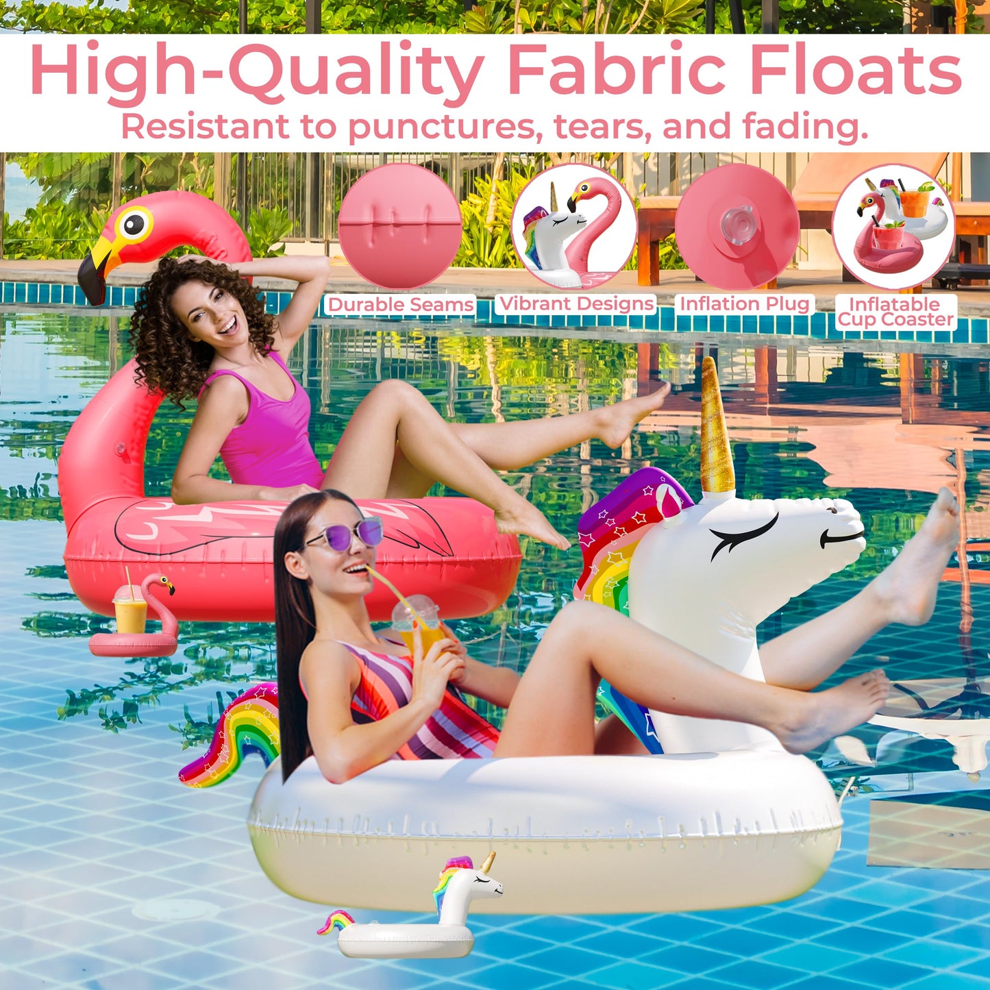 JAMBO Unicorn and Flamingo Pool Floats- 2 Pack with 2 Drink Holders  Large Flamingo Tube Float  Huge Unicorn Floating Tube  Giant Pool Float Set  Pool Floats mature-themed & Teens  Inflatable Pool Toys