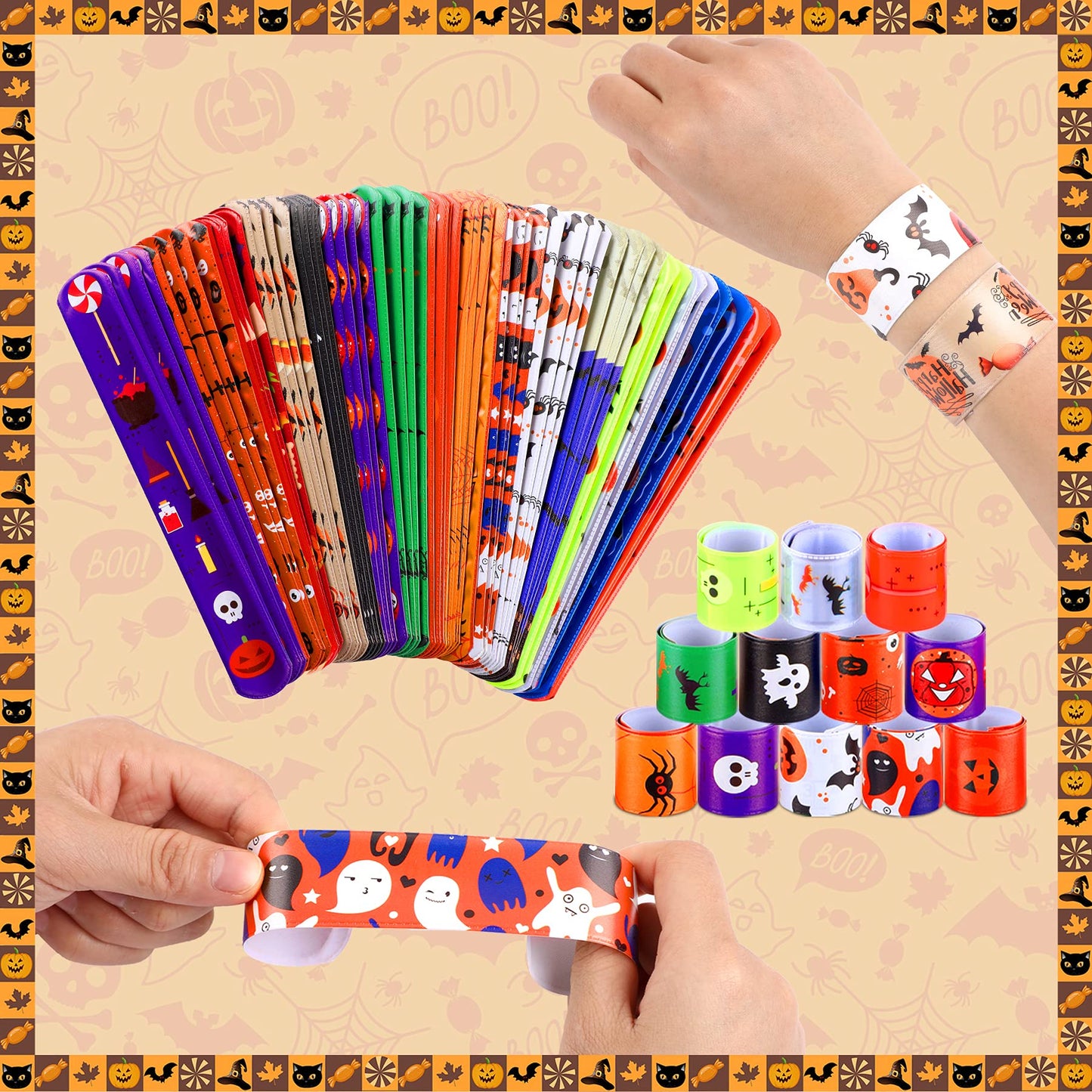 JUNEBRUSHS 56 PCS Halloween Slap Bracelets Halloween Party Favors Snap Bracelets Bulk Halloween Toys for Kids Girls Boys Birthda