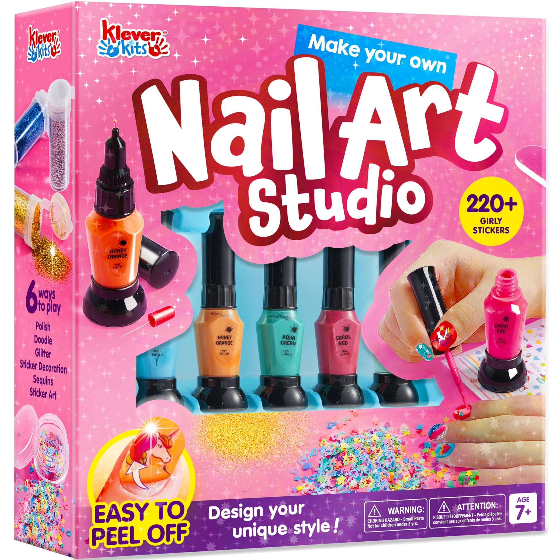 Klever Kits Nail Polish Art Kit for Kids, Kid-safe, Non-toxic Materials-Children Nail Studio With Glitter, Stickers Sequins, Str