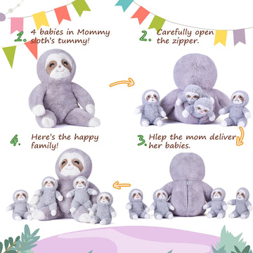 Earthsound Sloth Mom And Baby Stuffed Animal Mommy Plush Toy,18'' Cute Small Fluffly Mama Soft Toy With Little Babies,Family Set