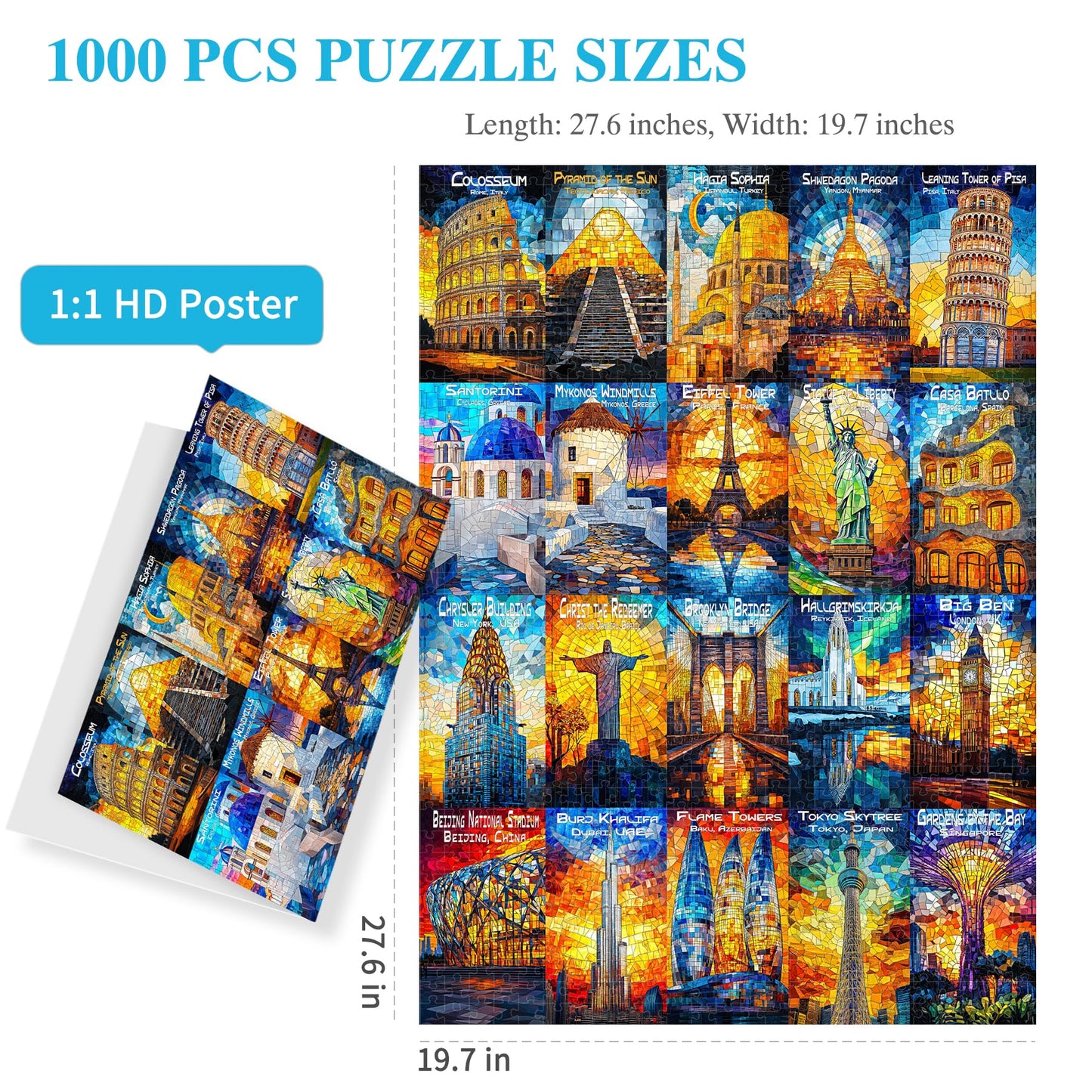 ALL4JIG World Landmark Fun Jigsaw Puzzles for Adults and Kids, 1000 Pieces, Christmas Secret Santa Gift, White Elephant Gifts, N