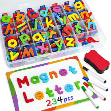 Coogam Magnetic Letters 234 Pcs, Uppercase Lowercase Foam Alphabet Abc Fridge Magnets, Educational Toy Set For Classroom Kids Learning Spelling With Magnetic Board And Storage Box