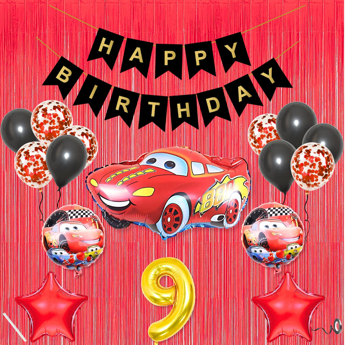 9Th Car Theme Happy Birthday Banner Decoration Black For 9 Year Old Baby Boys Girls Kids 5 Pc Lightning Macqueen Theme 10 Pc Con