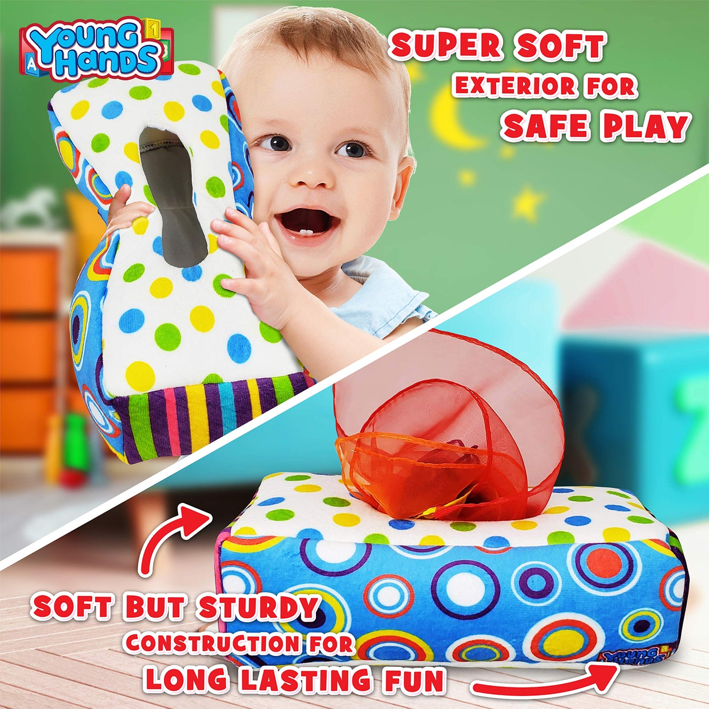 Sensory Pull Along Baby Tissue Box - Montessori Toy For Babies And Toddlers Tissue Box Learning Toys For 5 Months + Stem Educational Toys For Toddler Infant Babies (Large)