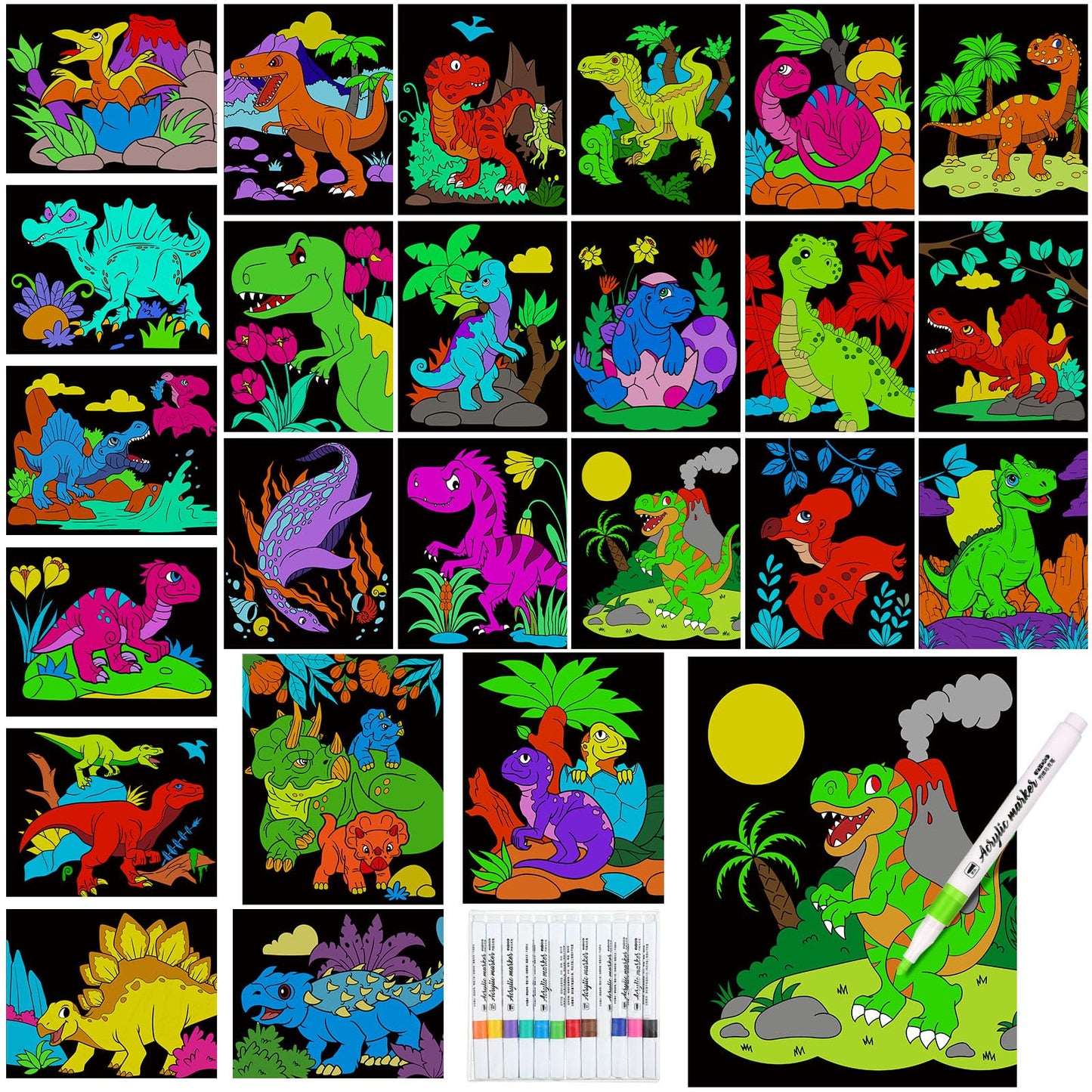 Zhanmai 48 Pack of 8 x 10 Inches Back to School Dinosaur Velvet Coloring Posters Party Favors and 24 Pcs Watercolor Pens for Adu