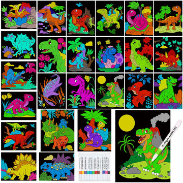 Zhanmai 48 Pack of 8 x 10 Inches Back to School Dinosaur Velvet Coloring Posters Party Favors and 24 Pcs Watercolor Pens for Adu