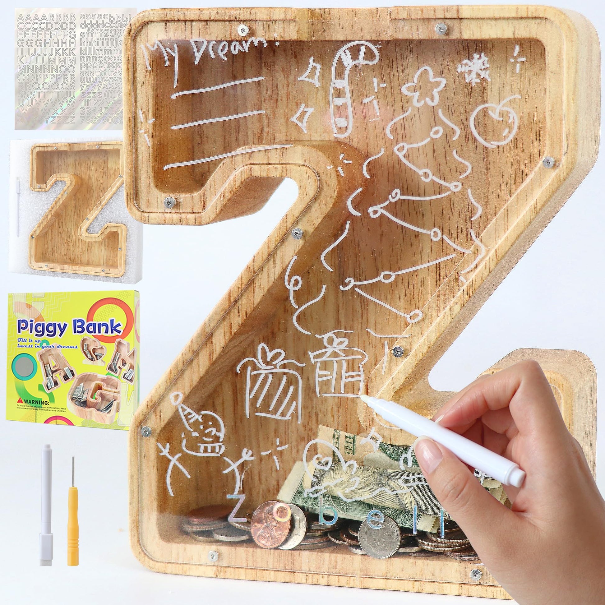 weallbuy Large Letter Piggy Bank for Kids Boys Girls Wooden Personalized Piggy Banks A-Z with Target Area Clear Alphabet Banknote Coin Banks for Gift Decoration Baptism (Z)