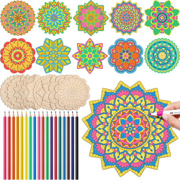Vercraft 28 Pcs Wooden Mandala Painting Set 10 Mandala Unfinished Wood Cutouts with 18 Colored Pencil for Mandala Making Kit Man
