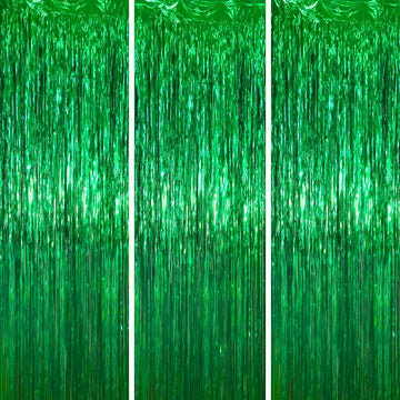 Voircoloria 3 Pack 3.3 x 6.6 ft Green Foil Fringe Backdrop Curtains, Tinsel Streamers Party Decorations, Fringe Backdrop for Bir