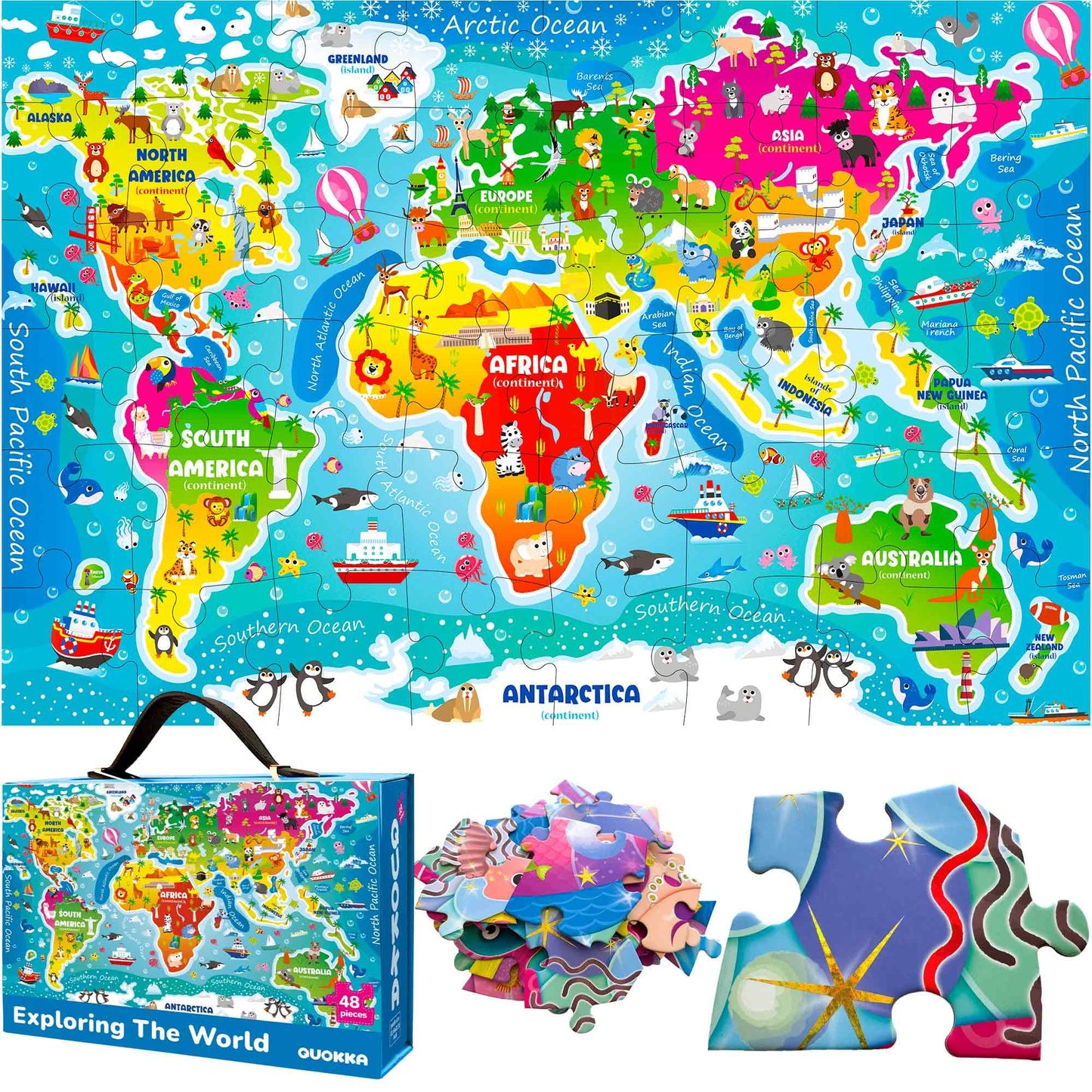 QUOKKA Giant Floor Puzzle for Kids Ages 4-6 - 2x3 Feet Extra-Thick 48 Pieces Toddler Puzzle Ages 3-5 - World Map Educational Activity for Boys Girls - enhanced Box with Sturdy Handle & Magnetic Closure