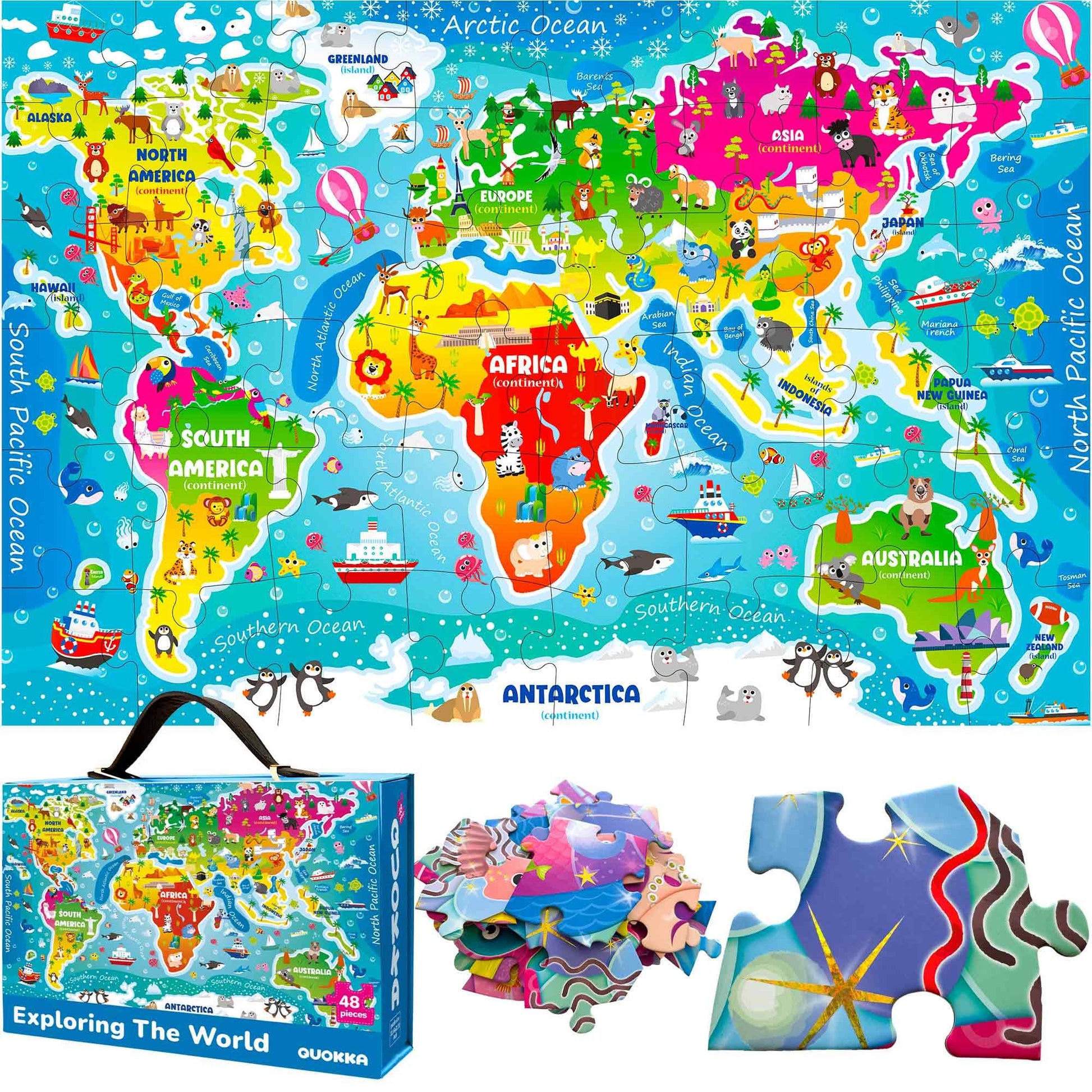 QUOKKA Giant Floor Puzzle for Kids Ages 4-6 - 2x3 Feet Extra-Thick 48 Pieces Toddler Puzzle Ages 3-5 - World Map Educational Activity for Boys Girls - enhanced Box with Sturdy Handle & Magnetic Closure